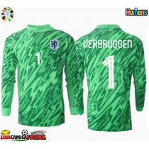 Camisa de Futebol Holanda Bart Verbruggen #1 Goleiro Equipamento Principal Europeu 2024 Manga Comprida
